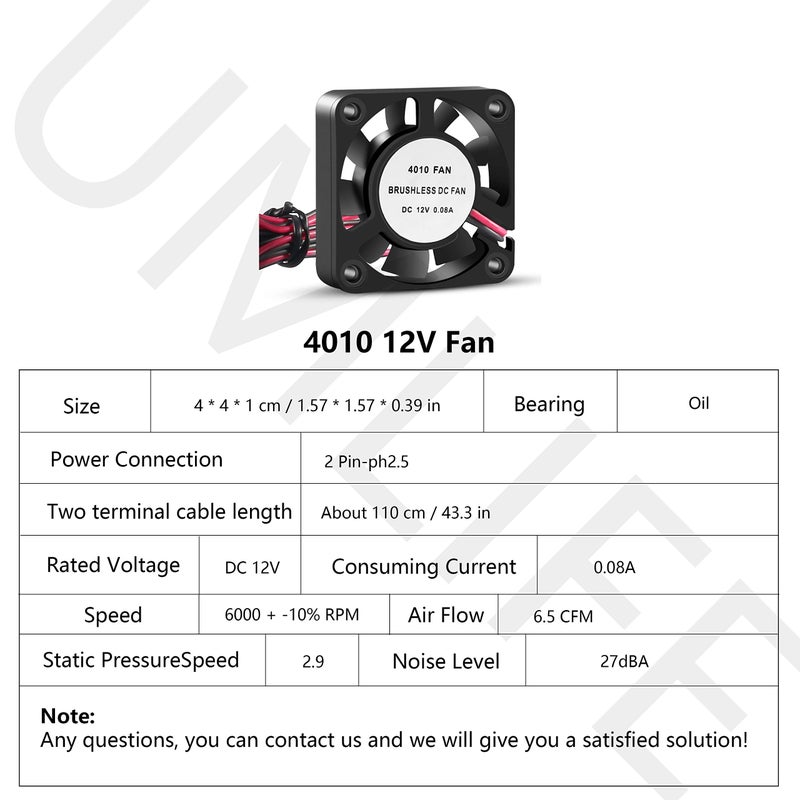 UMLIFE 4PCS 3D Printer Cooling Fan 40mmx40mmx10mm Oil Bearing Blower Fan DC 12V Brushless Cooling Fan with 2 Pin Terminal for Hotend Extruder Heatsinks Makerbot MK7 MK8 CPU Chip (12V 0.08A) - Image 2